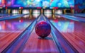 Vibrant bowling alley with a red and blue swirling bowling ball, illuminated lanes, and colorful backdrop. Royalty Free Stock Photo