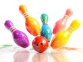 vibrant bowling ball strikes colorful pins, creating exciting scene. dynamic motion captures thrill of game, generative ai