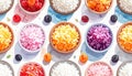 Vibrant Bowls of Grated Vegetables and Berries in a Colorful Pattern Royalty Free Stock Photo
