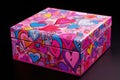 A vibrant box adorned with heart-shaped paintings that add a touch of love and cheer to any space, A vivid pink Valentin