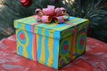 A vibrant box with a decorative bow sits atop a table, adding a pop of color to the scene, Whimsical gift box in a Dr Seuss style