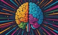 vibrant brain, split into two halves, is surrounded by dynamic burst colorful lines and shapes, creating