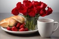 Vibrant breakfast arrangement featuring fresh berries and flowers on a pristine white background