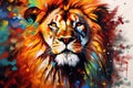 Vibrant and bright and colorful lion animal portrait poster. AI generated