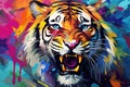 Vibrant and bright and colorful tiger animal portrait poster. AI generated