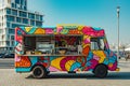 A vibrant, brightly colored food truck parked in a busy parking lot, ready to serve customers with delicious meals and snacks,