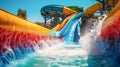Vibrant brightly colored waterslides with splashing water at adventure park