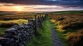 Vibrant British Landscape: Stone Wall And Grassy Fields At Sunrise