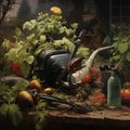 A painting of a garden with plants and bugs