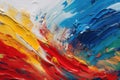 Vibrant brushstrokes of red, blue, and yellow on a white canvas, with textured layers adding depth and dimension