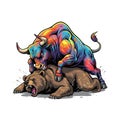 Vibrant bull attacking a roaring bear, symbolizing market conflict Royalty Free Stock Photo