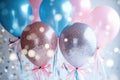 A vibrant bunch of balloons arranged neatly on a table, ready to bring joy and festivity to any occasion, gender reveal balloons