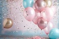 A vibrant bunch of balloons floating in the air, creating a cheerful and festive atmosphere, gender reveal balloons and glitter