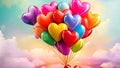 A vibrant bunch of heart shaped balloons floating joyfully in the clear blue sky, Rainbow-colored love heart balloons lifting a