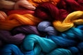 Vibrant bundles of yarn in various textures and hues, symbolizing the diversity of textiles in the industry. Generative Ai