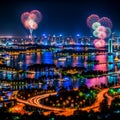 Vibrant Bursting Fireworks Display Over Cityscape at Night Royalty Free Stock Photo