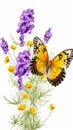 Vibrant butterfly perched on yellow, purple flower on a white background Royalty Free Stock Photo