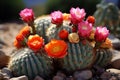 Vibrant Cactus Flowers among Prickly Desert Succulents. AI