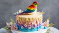 Vibrant Cake with Radiant Rainbow Bird and Textured Frosting Royalty Free Stock Photo
