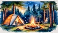 A vibrant camping scene unfolds under a starry night sky. Generative AI