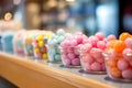 Vibrant candy store display: a multicolored assortment of sweets at the confectionery counter