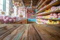 Vibrant Candy Store Interior with Colorful Sweet Treats on Shelves and Empty Rustic Wooden Counter Space