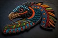 Closeup of a colorful bird head embroidery on a black background