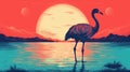 Bold Lithographic Flamingo Walking At Sunset Illustration