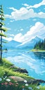 Vector Illustration Of Lake Landscape: Sunny Day, Blue Sky, Pastel Colors