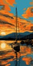 Colorful Boat Sailing In Vibrant Sunset Sky - Digital Painting