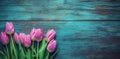 tulips on a wooden background in aqua colour, in the style of dark pink and turquoise, poster, simple Ai generated