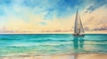 Dreamlike Watercolor Painting Of Yacht On Island In Turquoise Sea