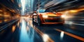 Vibrant car lights illuminate a blurred urban backdrop in highspeed motion. Concept Car Photography, Urban Night Scene, Motion