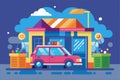A vibrant car wash facility with customizable features and a parked car, set against a bright blue sky with fluffy clouds Royalty Free Stock Photo