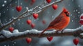Romantic Northern Cardinal on Snowy Branch with Red Hearts Royalty Free Stock Photo