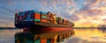 The vibrant cargo ship sailing under a stunning sunset reflection on water. AI generated image Royalty Free Stock Photo