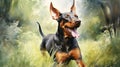 Vibrant Caricature Of A Doberman Pinscher Playing Fetch In A Green Meadow