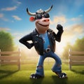Vibrant Caricature: A Stylish Cow In Unreal Engine Leather Jacket