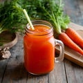 Vibrant carrot juice glows in rustic mason jar, farm fresh delight