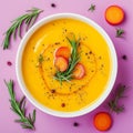 Vibrant Carrot Soup with Fresh Herbs on a Pink Background