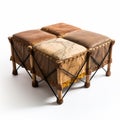 Vibrant Cartography Ottoman With Brown Leather Pieces