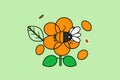 Vibrant cartoon bee pollinating a playful orange flower illustration, radiating joy and spring vibes on a gentle green background Royalty Free Stock Photo