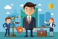 A vibrant cartoon depicts professionals engaged in business ethics, with a scale, briefcase, and a city backdrop