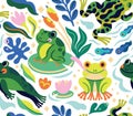 Vibrant cartoon frogs and tadpoles characters are jumping and swimming in the pond, seamless pattern