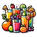 Vibrant Cartoon Fruit Juices and Fresh Fruits