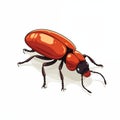 A vibrant cartoon illustration of a red beetle walking on a white background