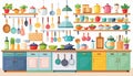 Colorful cartoon kitchen with utensils and cookware Royalty Free Stock Photo