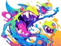 Vibrant, cartoon monsters with sharp teeth, splashing colorful paint