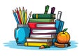 Vibrant Cartoon of School Supplies and Books. Generative AI Royalty Free Stock Photo