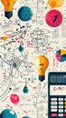Cartoon style pattern with science elements, including light bulbs and mathematical equations Royalty Free Stock Photo